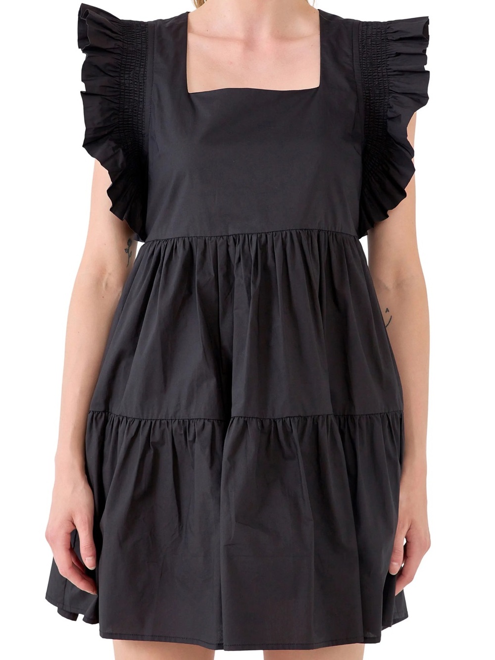 Plus Size English Factory Cotton Babydoll Mini Dress in Black